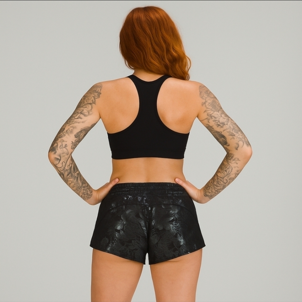 Lululemon Hotty Hot Shorts Logo Flourish Black Iridescent Foil sz 4